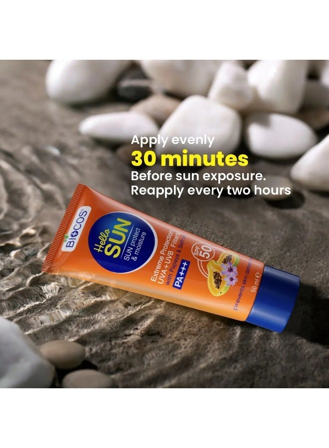 بيوكوس مستحضرات التجميل كريم BIOCOS واقي الشمس المرطب SPF 50 PA++++ للوجه – واقي شمس مع فيتامين E، البابايا، والزعفران للترطيب، حماية من UVA/UVB، بدون أثر أبيض، يمنع اسمرار البشرة وحب الشباب – 50 مل (عبوتان) - Image 4